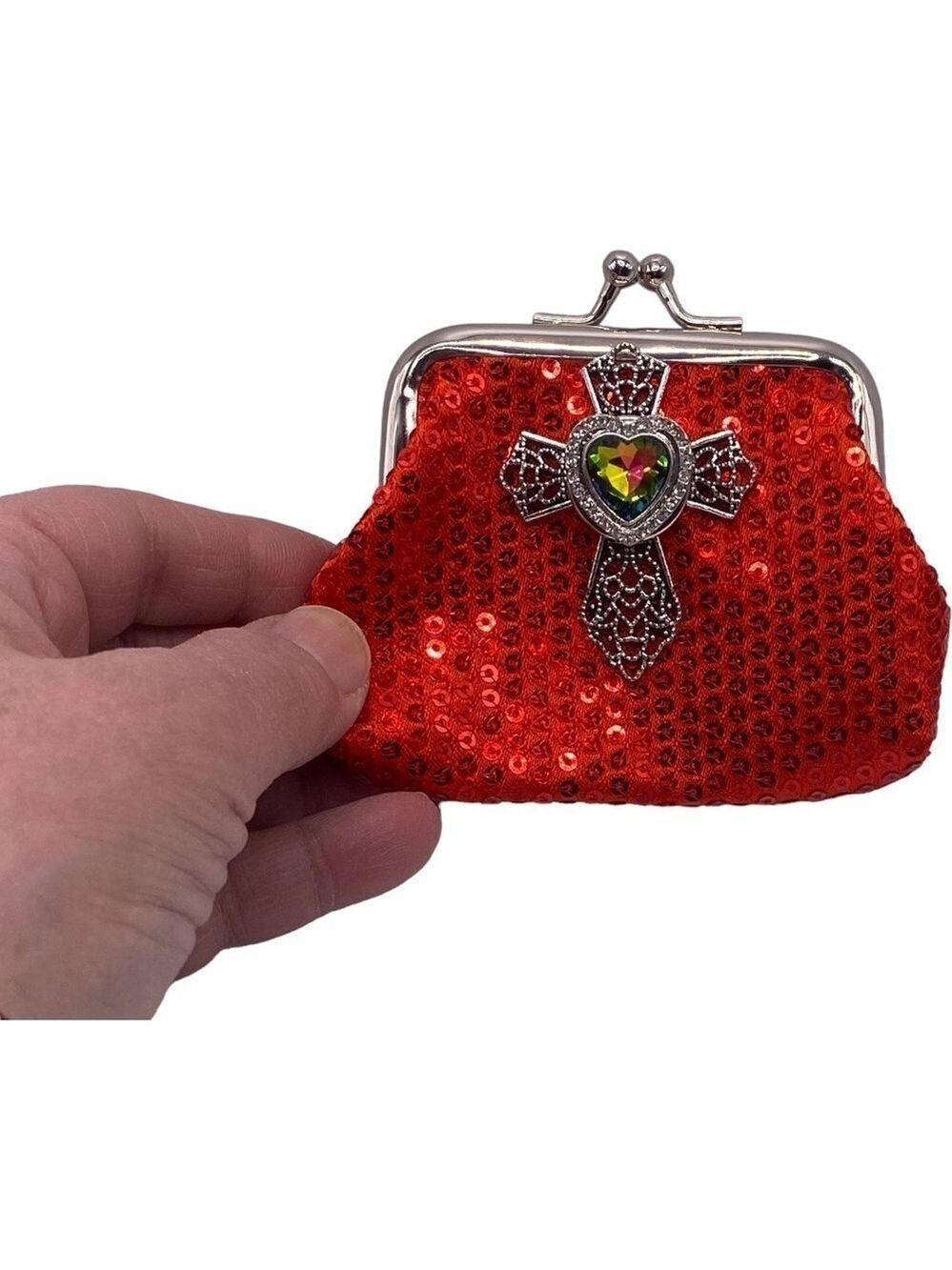 Ruby Red Sequin Change Purse w/ Silver Cross & Multicolored Heart Snap! VIDEO!